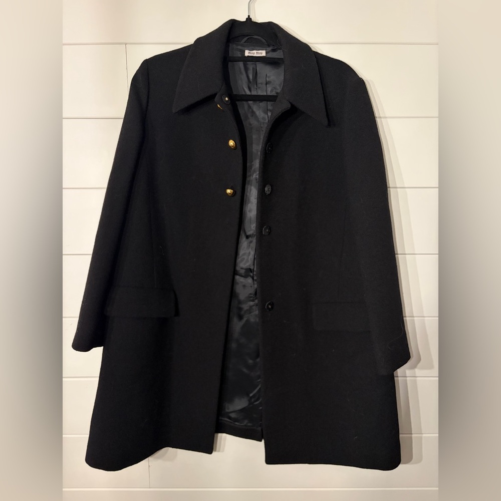 Miu Miu Black Wool Single Breasted Coat with Gold Buttons